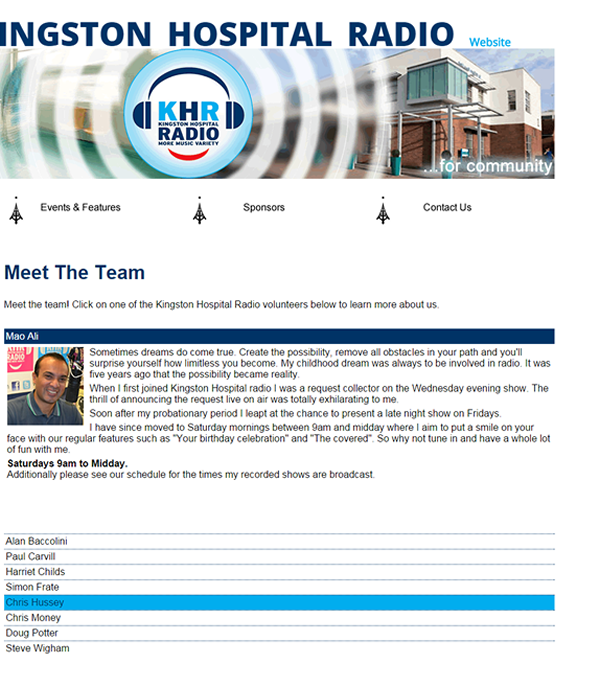 screenshot of Kingston Hospital Radio presenter profile page